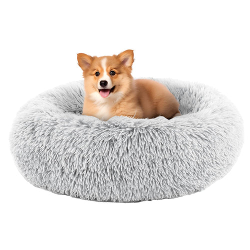 DUMOS Calming Donut Cat & Dog Bed for Small Medium Dogs Machine Washable Cuddle Warming Cozy Fluffy Faux Fur Plush Round Dog Bed Anti-Anxiety Waterproof Anti-Slip Pet Bed 20/24/30/36 inches